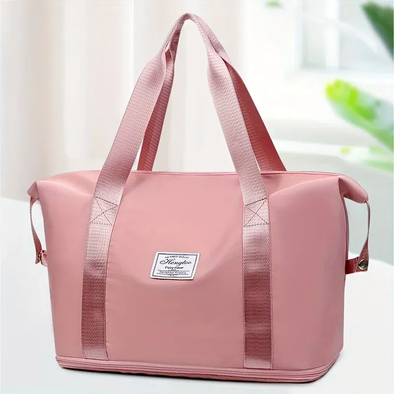 S0cf7b4a911fe4e94b653c797472e323eL.webp Color: Pink - Double-layer expandable large-capacity luggage bag, new multi-functional foldable portable gym bag, sports travel bag-tan - Image 1