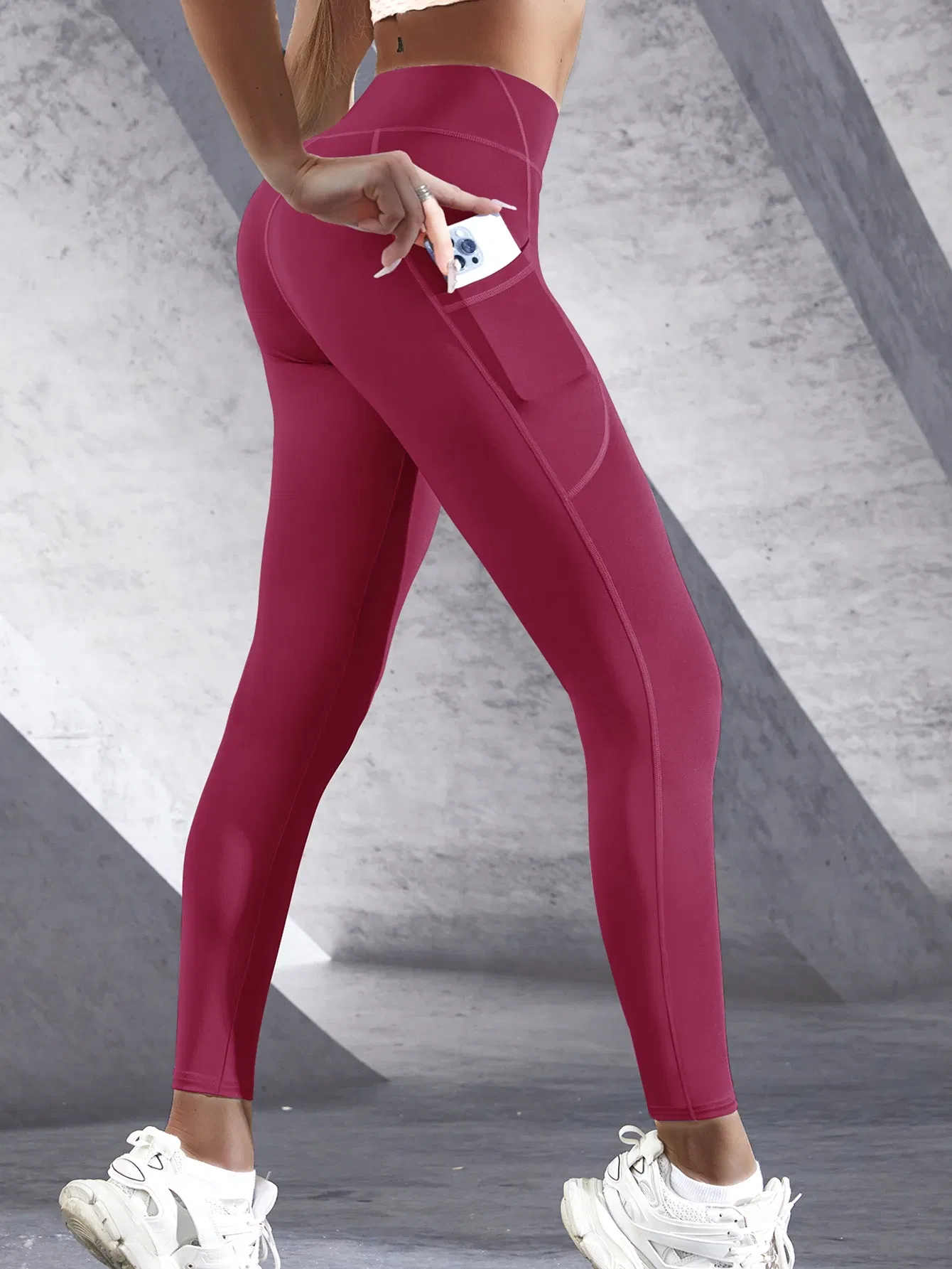 S1f9c45d728c74ddd9152419cb9f8af78N.webp Color: Red, Size: M - New High Waist Women's Leggings Stretch Yoga Pants Tights With Pockets Push Up Fitness Running Sportswear Solid Color Pants - Image 1