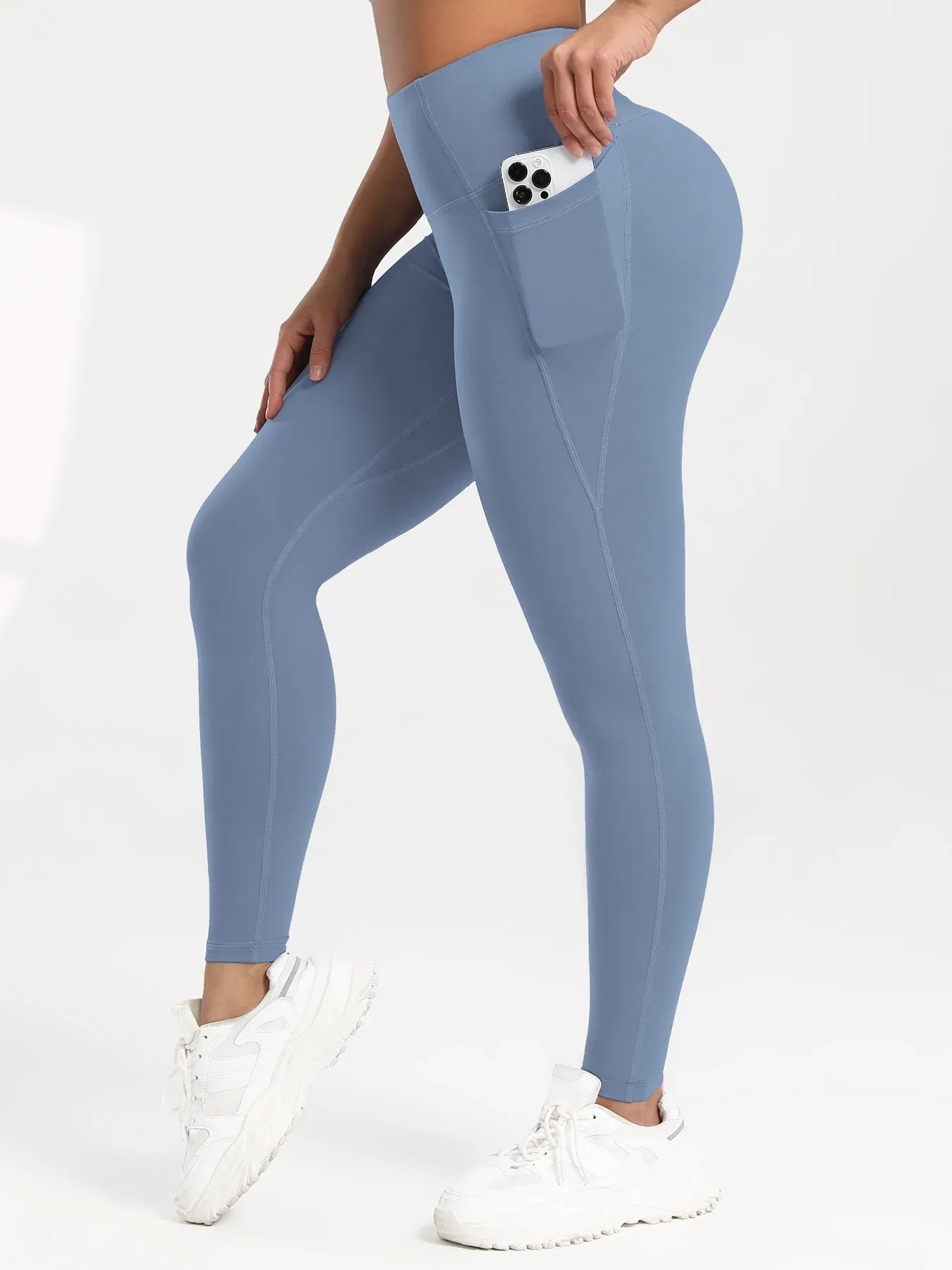 S21171afc1a404c878a1e5fd21cb1afc6A.webp Color: SKY BLUE, Size: XL - Solid Color Back Waist Pocket High Waist Fitness Yoga Legging soft Women Sport Pant Tight Butter Athletic Gym Ankle-Length Pants - Image 1